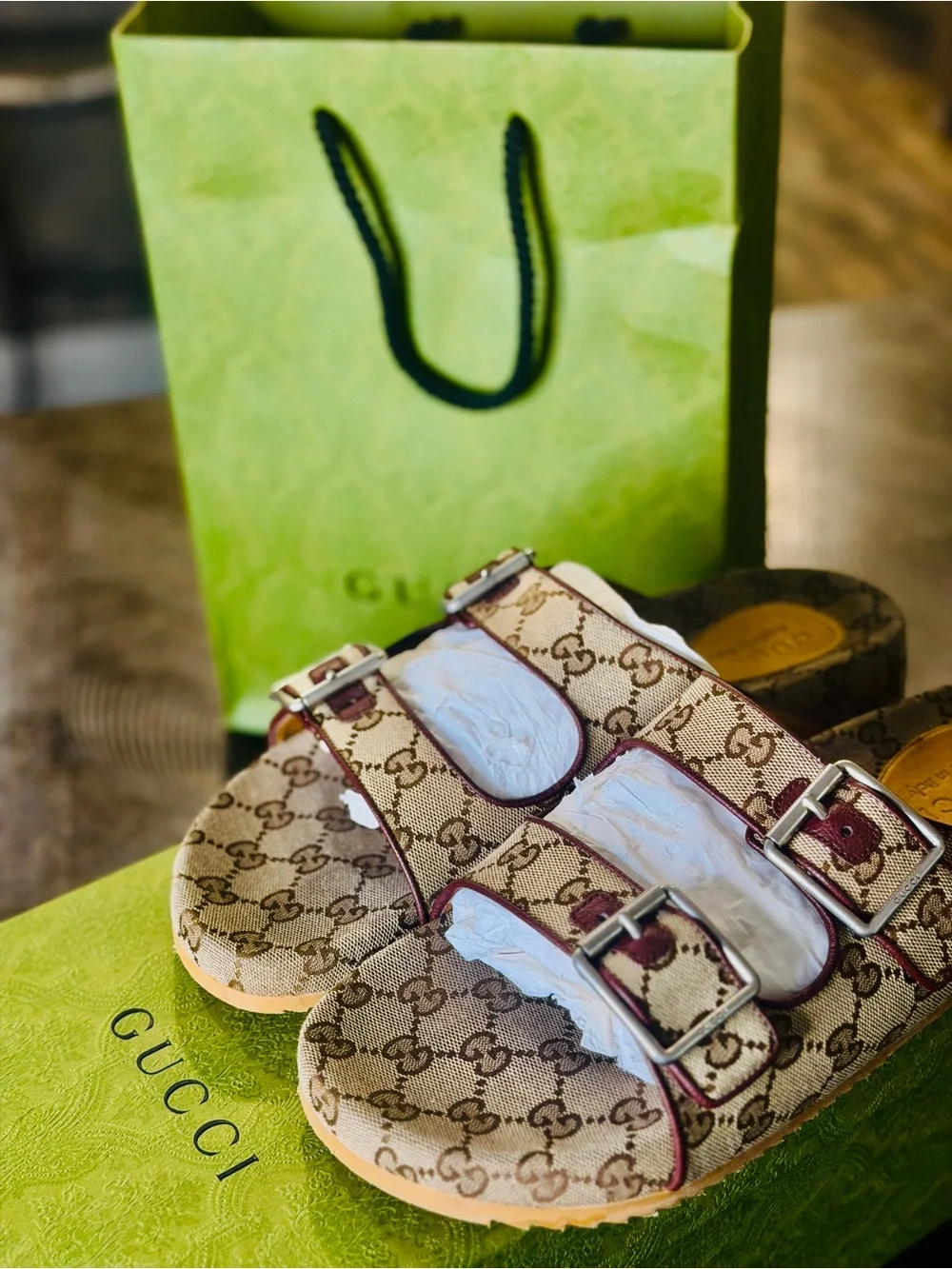 Gucci Brown Beige Monogram Double-Buckle Slide
